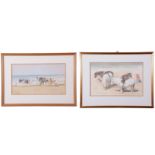 John Hunt (British 20th Century), Beach Ponies, Hunstanton (x2), pencil, watercolour, signed, 9 x