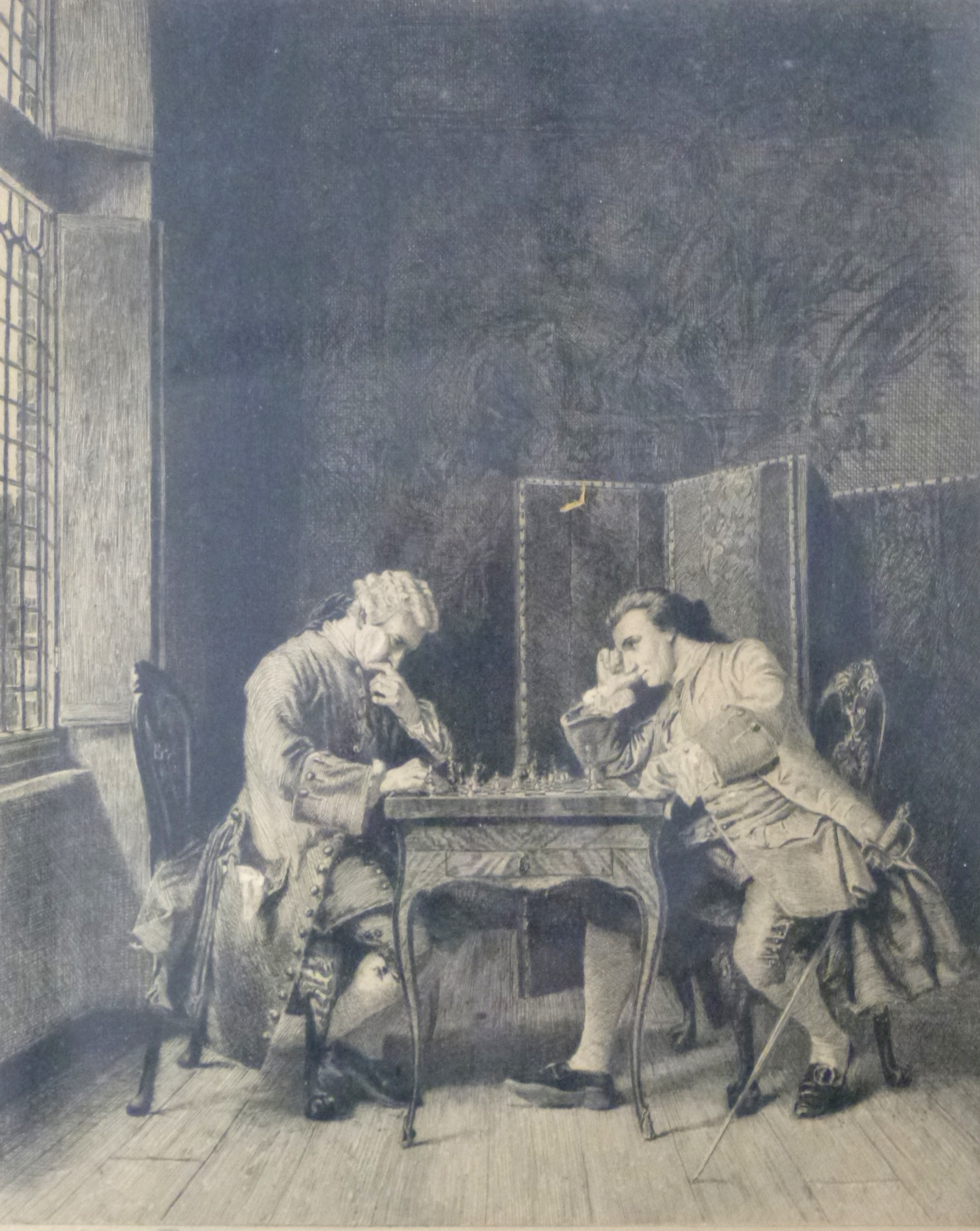 A 19th century or later etching of 'The Chess Players', inscribed and indistinctly signed, approx 11