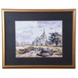 British 20th Century, A study of an unidentified church with a footbridge in the foreground, pen,