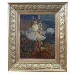 In the style of Edgar Degas (French, 19th century), a portrait of a ballerina holding a doll, oil on