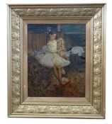 In the style of Edgar Degas (French, 19th century), a portrait of a ballerina holding a doll, oil on