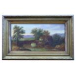Charles Morris, River landscape with mill and bridge, oil on canvas, signed lower right, 30 x 58cm
