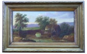 Charles Morris, River landscape with mill and bridge, oil on canvas, signed lower right, 30 x 58cm