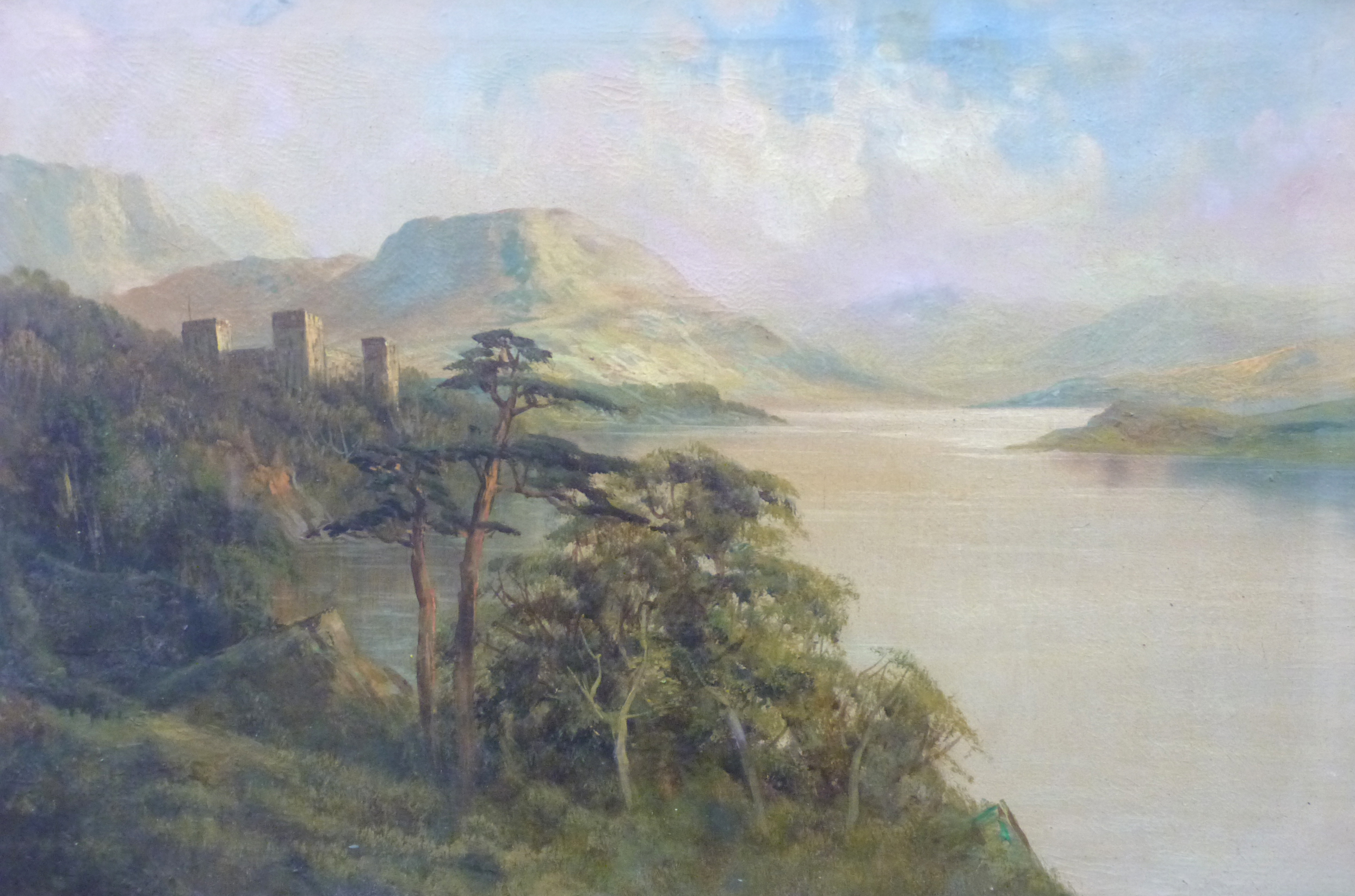 British, 20th century, Pair of Landscapes showing a castle overlooking a lake and mountain in - Image 4 of 4