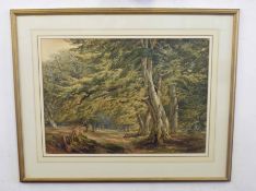 British, 20th century, An England glade with red deer in the distance, watercolour, unsigned, 17 x