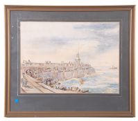 British, 20th century, Figures at the pier, watercolour on paper, unsigned, 27 x 39cm