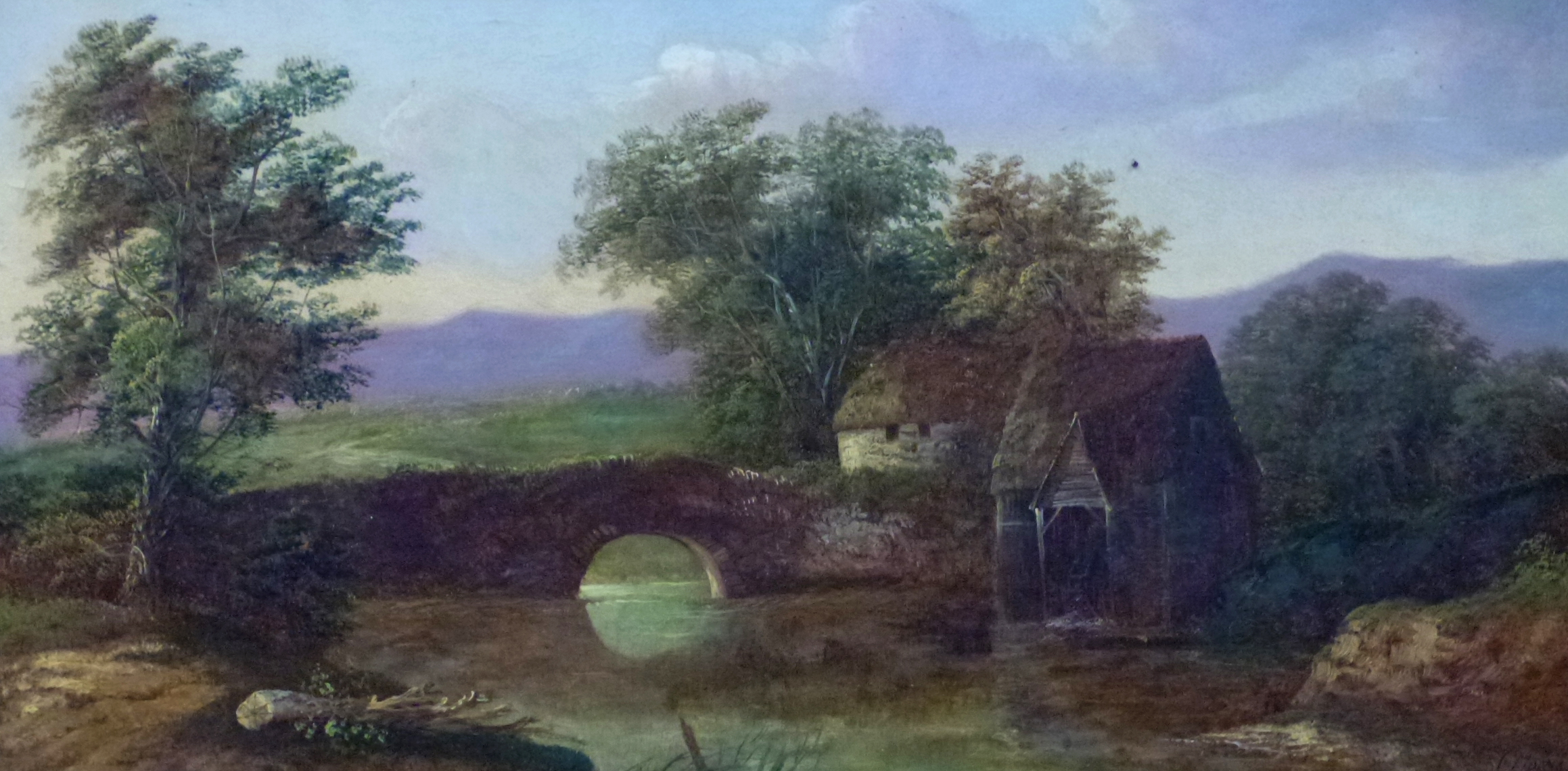 Charles Morris, River landscape with mill and bridge, oil on canvas, signed lower right, 30 x 58cm - Image 2 of 2