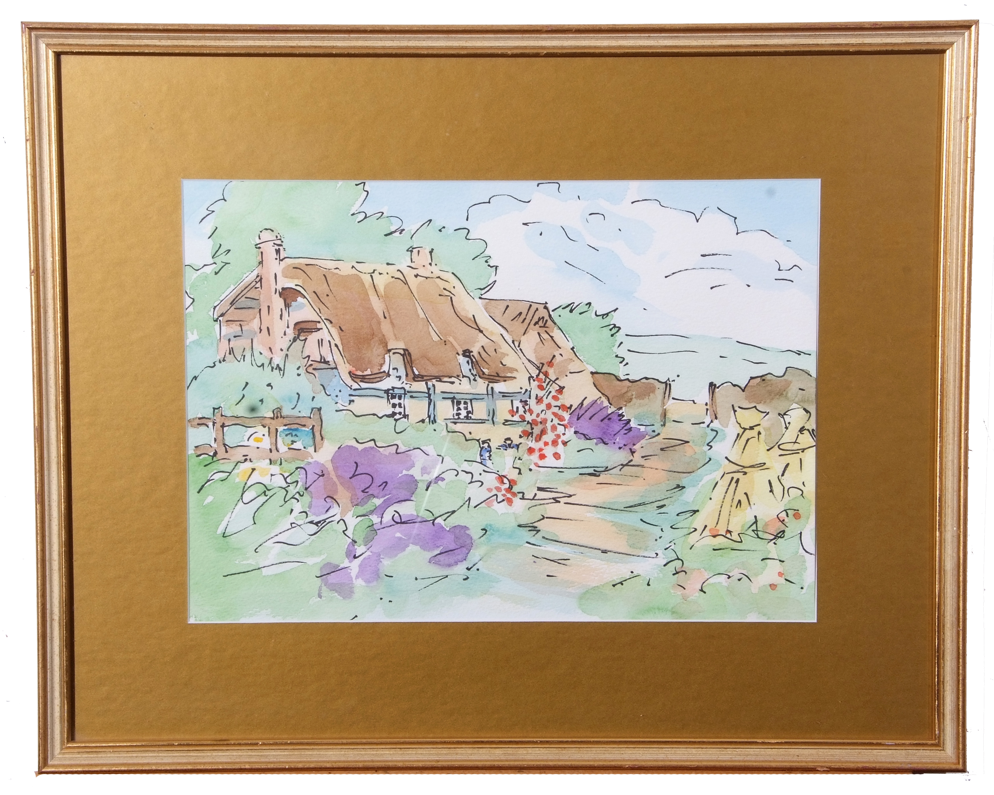British 20th Century, A study of an English thatched cottage and garden , pen, watercolour,