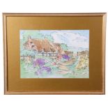 British 20th Century, A study of an English thatched cottage and garden , pen, watercolour,