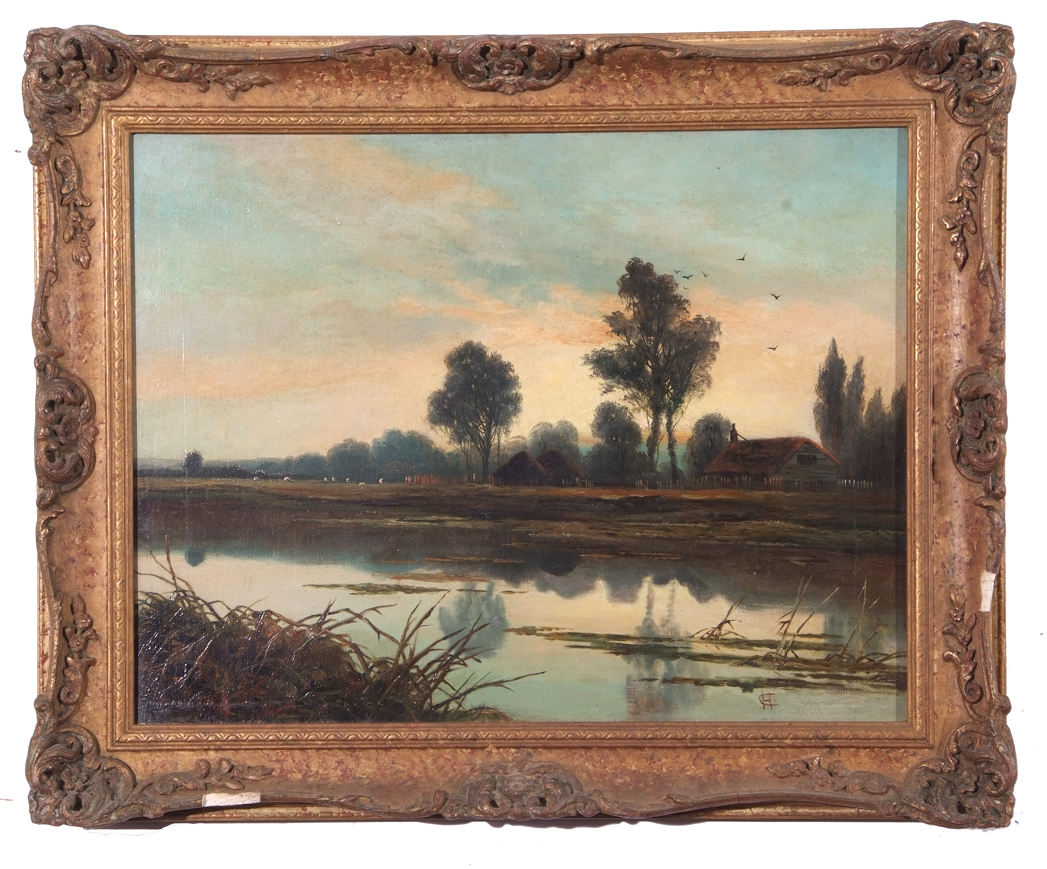 British, 20th century, River landscape with cottage in distance, oil on canvas, indistinctly