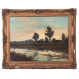 British, 20th century, River landscape with cottage in distance, oil on canvas, indistinctly