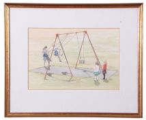 John Hunt (British 20th Century), Children playing, pencil, watercolour, signed, 7 x 10ins