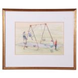 John Hunt (British 20th Century), Children playing, pencil, watercolour, signed, 7 x 10ins