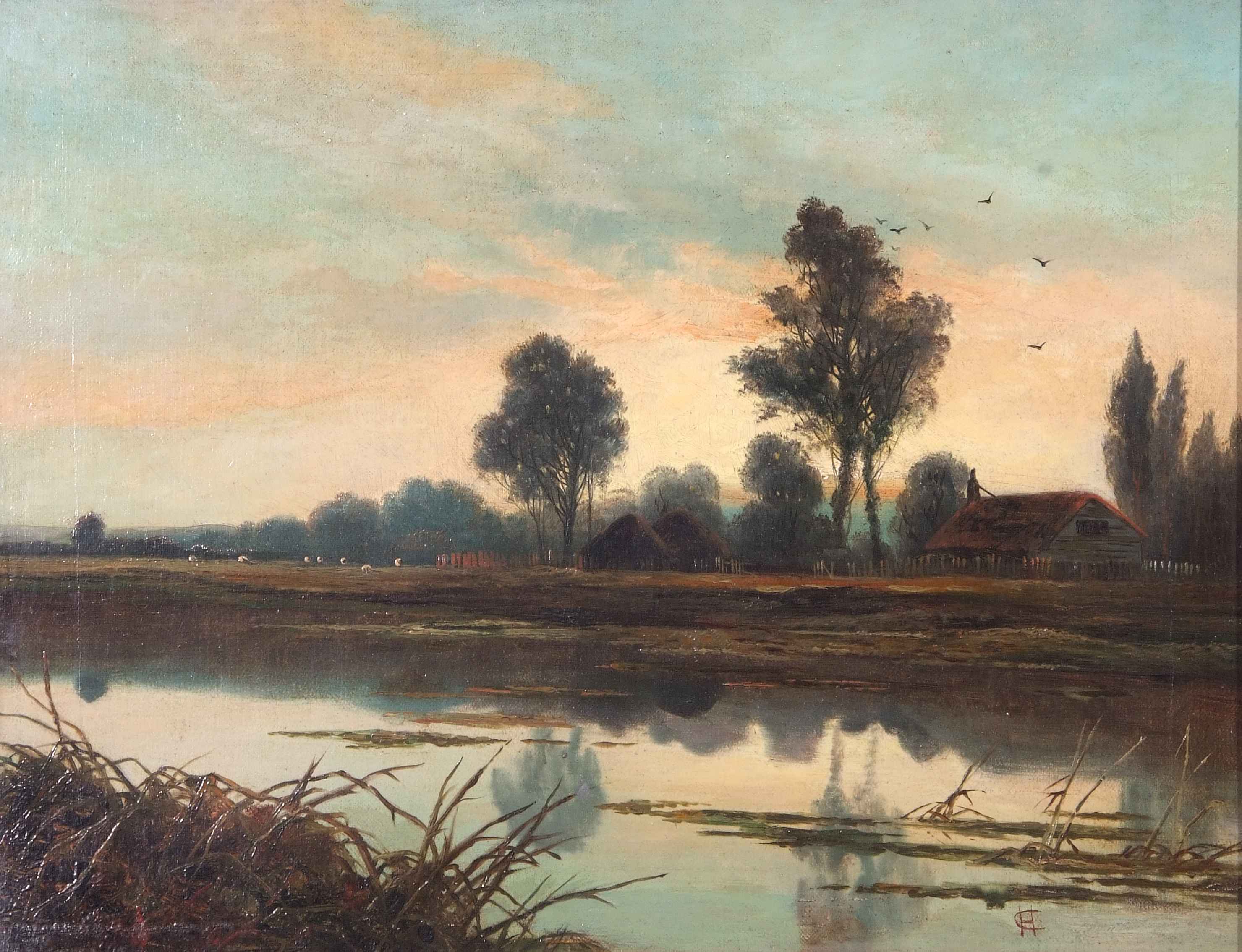 British, 20th century, River landscape with cottage in distance, oil on canvas, indistinctly - Image 2 of 2