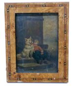 British, early 20th Century, A sleeping boy on a step with and his dog , oil on tin, 4.5 x 6.5ins