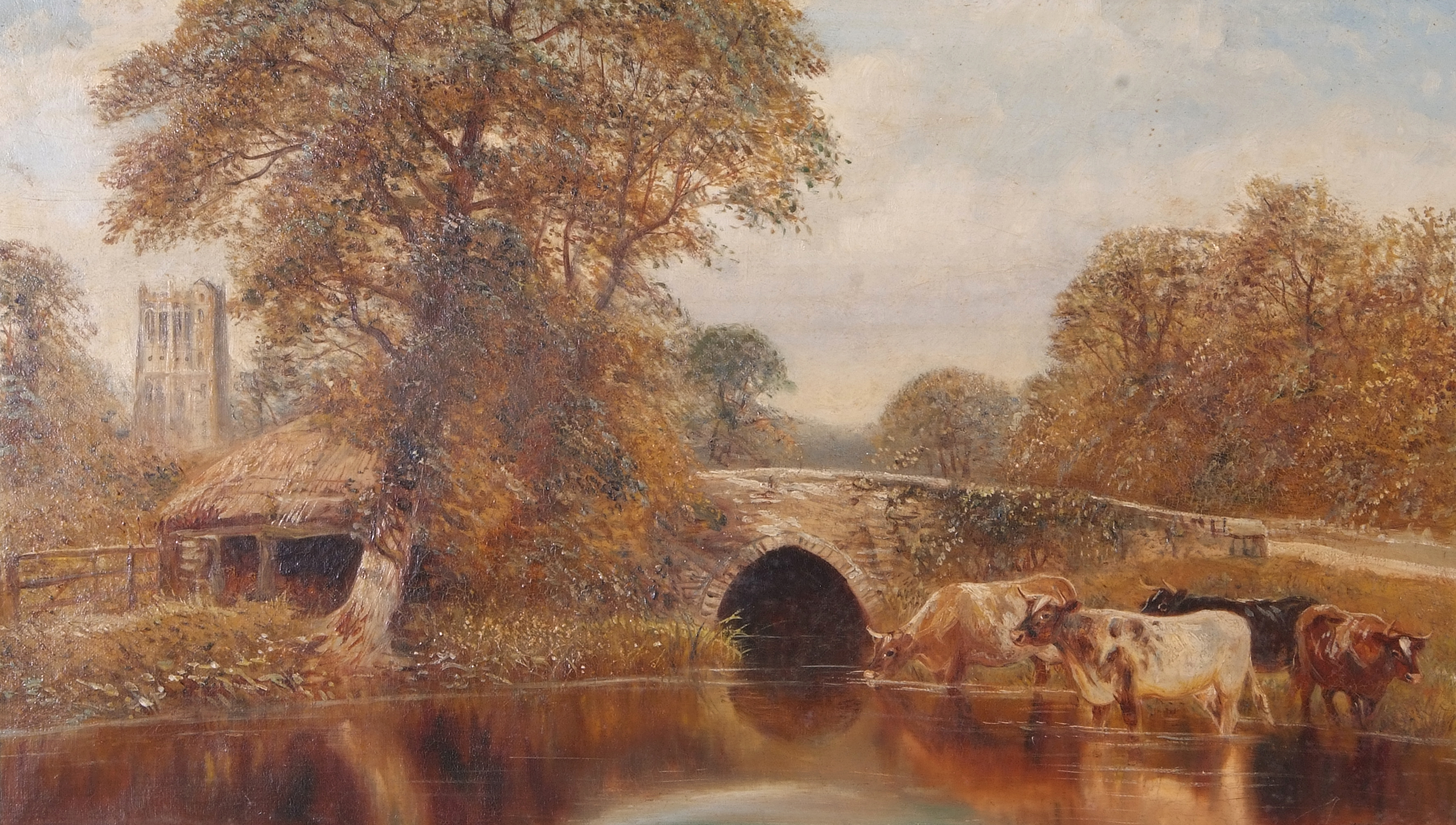 British 19th Century, A landscape with cattle overlooked by a stone bridge and parish church, oil - Image 2 of 2