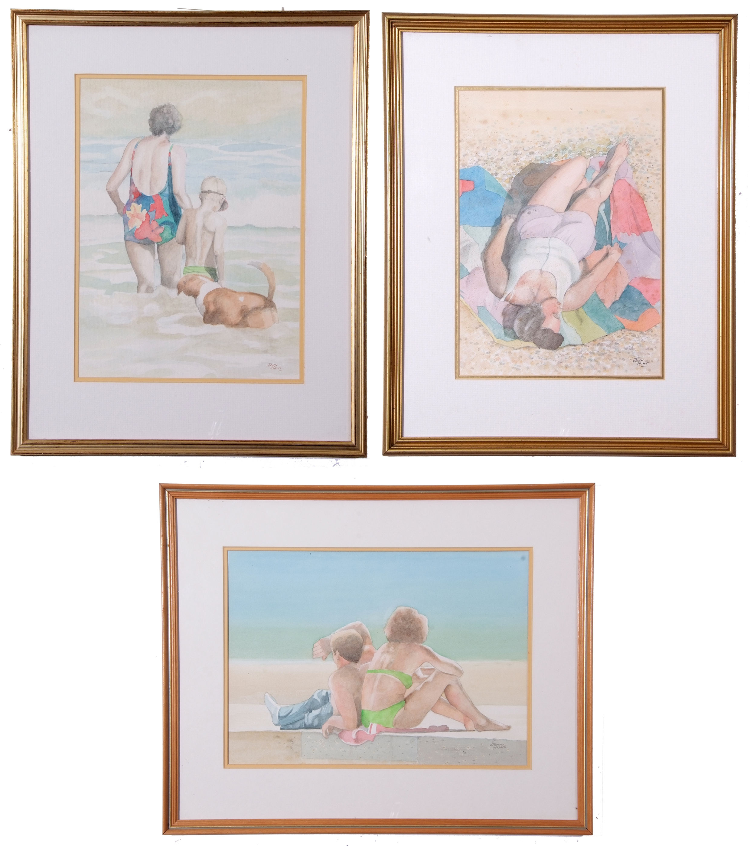 John Hunt (British 20th Century), The Bathers (x3), pencil, watercolour, signed, 10 x 14ins, 11 x