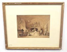 After John Sell Cotman, (British, 19th century), An English 17th century interior scene, sepia on