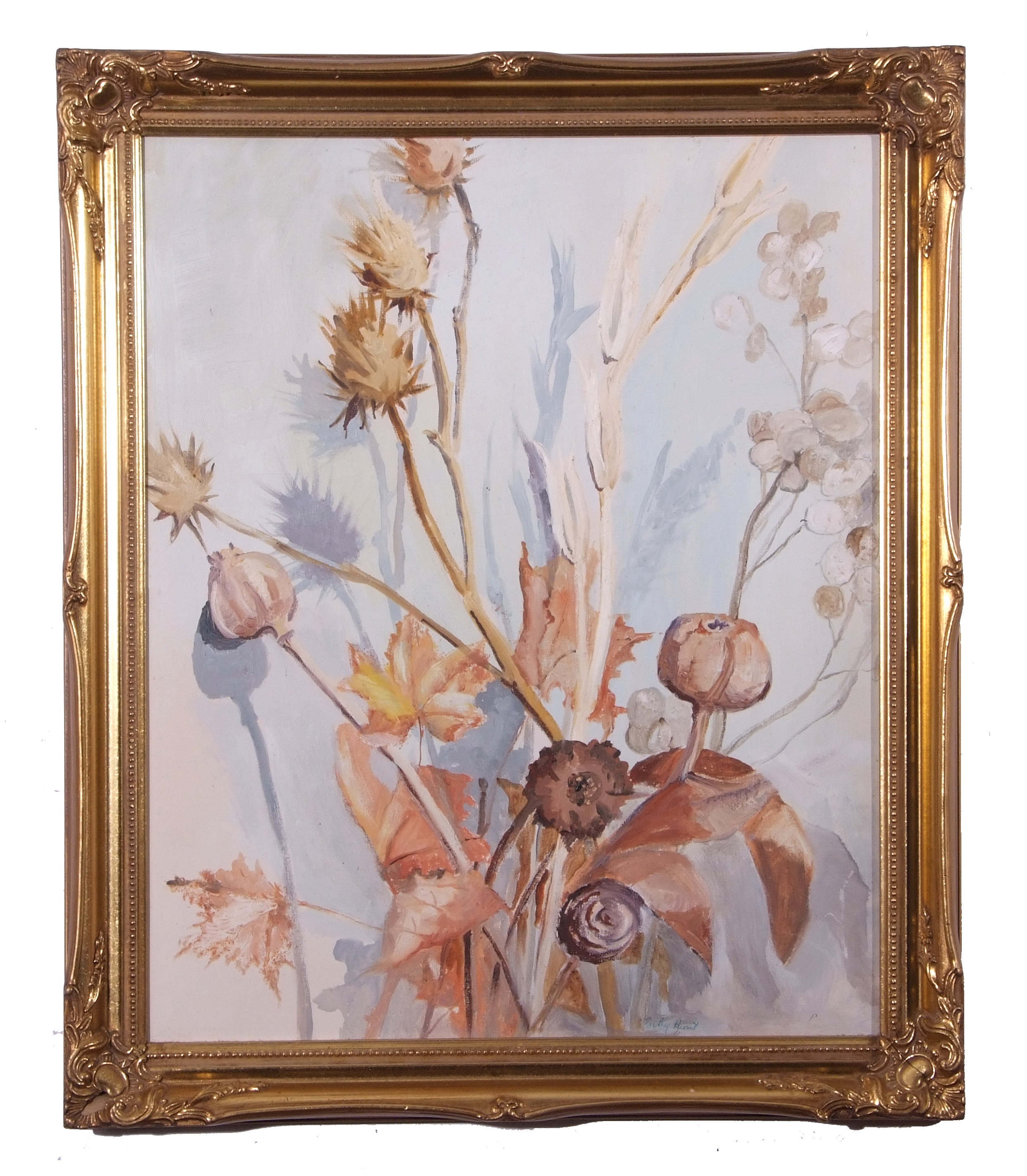 Ruby Hunt (British, 20th century), Still Life, winter flowers, oil on canvas, signed, 52 x 45cm