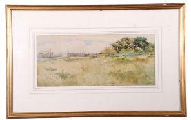 T Strethill Smith, watercolour, River Shipyard and warehouses in landscape, 1897, 24 x 54cm