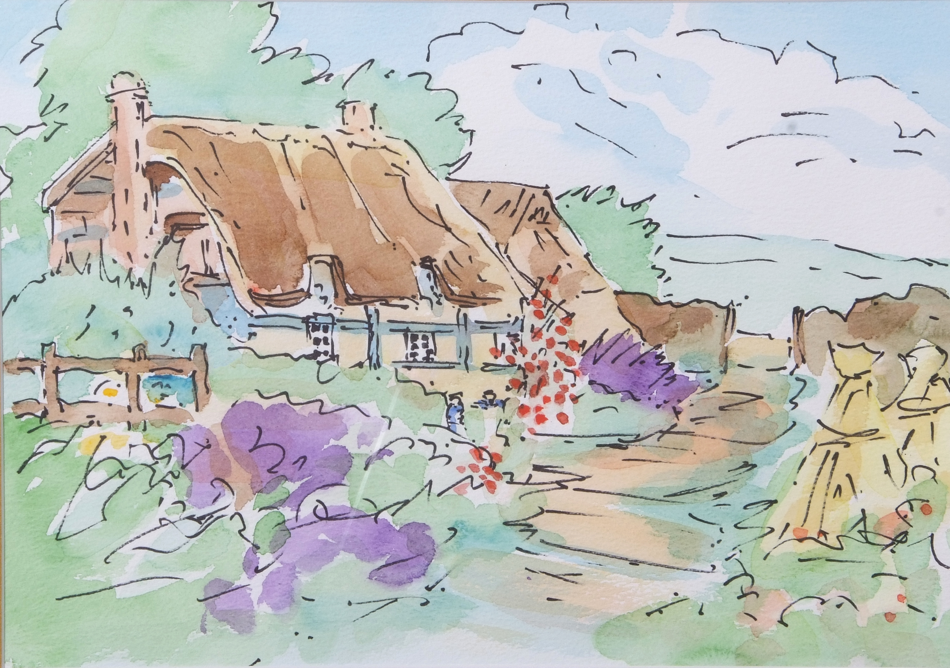 British 20th Century, A study of an English thatched cottage and garden , pen, watercolour, - Image 2 of 2