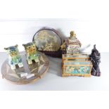 MIXED LOT OF CHINESE AND ORIENTAL WARES COMPRISING A CORK DIORAMA IN GLAZED CASE, TWO FURTHER