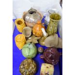 MXIED LOT OF NOVELTY VEGETABLE STORAGE JARS, FAR EASTERN DECORATED BRASS VASE, THERMOS JUG ETC