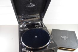 VINTAGE SALON DECCA PORTABLE RECORD PLAYER AND ALBUM OF RECORDS