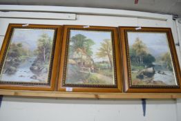 THREE OLEOGRAPH PRINTS, A QUIET SPOT ON THE RIVER AND COUNTRY LIFE, SET IN HARDWOOD FRAMES