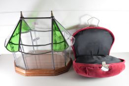 LEAD GLAZED TERRARIUM TOGETHER WITH A RED UPHOLSTERED TRAVEL CASE