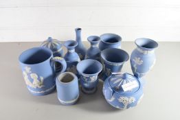 QTY OF WEDGWOOD BLUE JASPERWARE VASES, SUGAR BASIN, ROYAL WEDDING TANKARD AND OTHER ITEMS