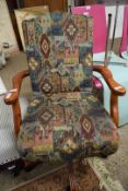 REVOLVING PINE FRAMED OFFICE CHAIR WITH MULTI-COLOURED UPHOLSTERY
