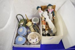 TWO SMALL BOXES CONTAINING CONTINENTAL PORCELAIN FIGURES, WEDGWOOD JASPERWARE TRINKET BOXES ETC