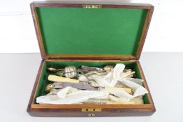 SMALL HARDWOOD CASE CONTAINING VARIOUS CUTLERY, TEA INFUSER ETC