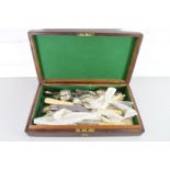 SMALL HARDWOOD CASE CONTAINING VARIOUS CUTLERY, TEA INFUSER ETC