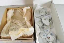 TWO BOXES OF CROWN STAFFORDSHIRE AND CONTINENTAL PORCELAIN PLACE MARKERS