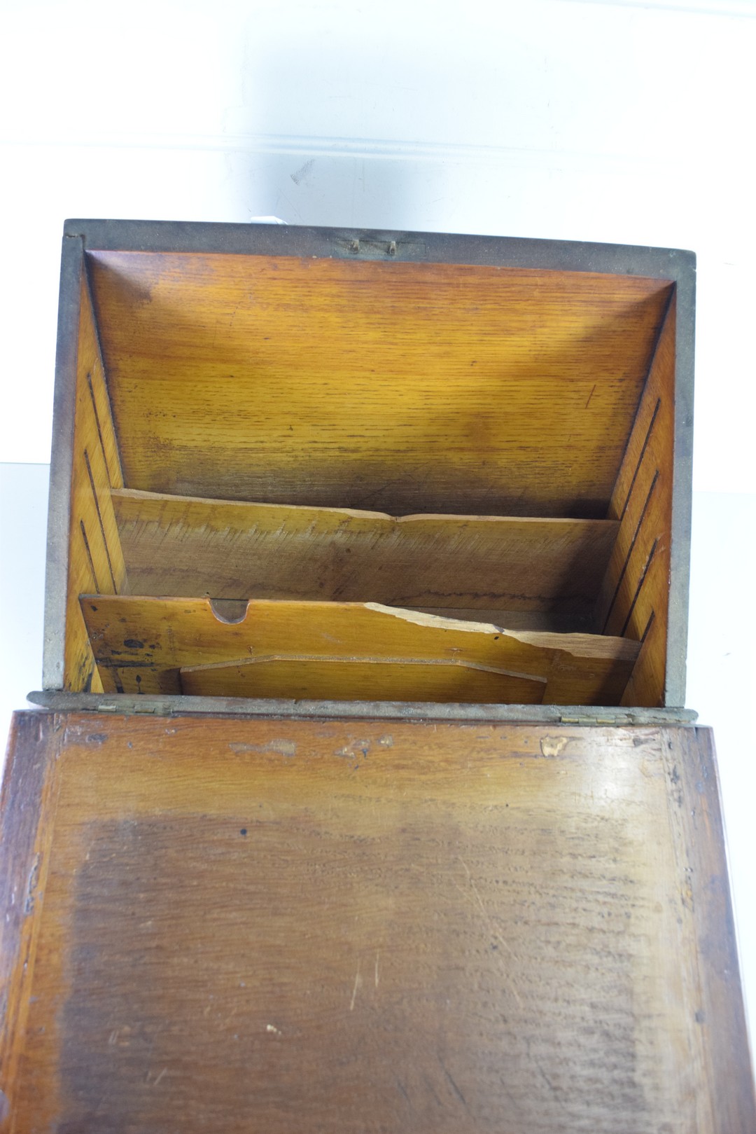 BRASS MOUNTED WEDGE FORMED STATIONERY BOX (FOR RESTORATION) - Image 2 of 2