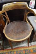 EARLY 20TH CENTURY BENTWOOD CARVER CHAIR WITH DECORATED SEAT, 63CM WIDE