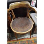 EARLY 20TH CENTURY BENTWOOD CARVER CHAIR WITH DECORATED SEAT, 63CM WIDE