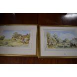 MALCOLM AUSTIN, PAIR OF WATERCOLOUR STUDIES, COUNTRY COTTAGE AND RIVER SCENE WITH BRIDGE AND CATTLE,