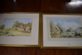 MALCOLM AUSTIN, PAIR OF WATERCOLOUR STUDIES, COUNTRY COTTAGE AND RIVER SCENE WITH BRIDGE AND CATTLE,