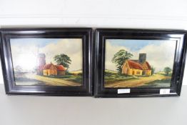 PAIR OF NAÏVE STUDIES OF RURAL COTTAGES AND WINDMILL, INDISTINCTLY SIGNED, OIL ON BOARD, SET IN