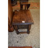 18TH CENTURY STYLE OAK FLIP-TOP STOOL WITH CARVED DETAIL, 46CM WIDE