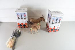 MIXED LOT COMPRISING THREE BESWICK DONKEYS, VARIOUS CUTLERY AND TWO MODERN MILITARY FIGURINES