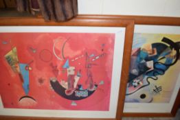 AFTER WASSILY KANDINSKY, TWO LARGE ABSTRACT COLOURED PRINTS IN STAINED PINE FRAMES, 132CM WIDE