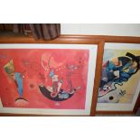 AFTER WASSILY KANDINSKY, TWO LARGE ABSTRACT COLOURED PRINTS IN STAINED PINE FRAMES, 132CM WIDE