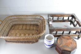 MIXED LOT COMPRISING A WICKER BASKET, OCTAGONAL WOODEN BOX AND A FOOT STOOL FRAME