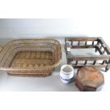 MIXED LOT COMPRISING A WICKER BASKET, OCTAGONAL WOODEN BOX AND A FOOT STOOL FRAME