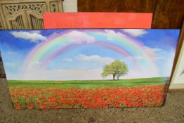 CONTEMPORAY OIL ON CANVAS STUDY, RAINBOWS OVER A POPPY FIELD, TOGETHER WITH BUTTERCUPS ON A RED