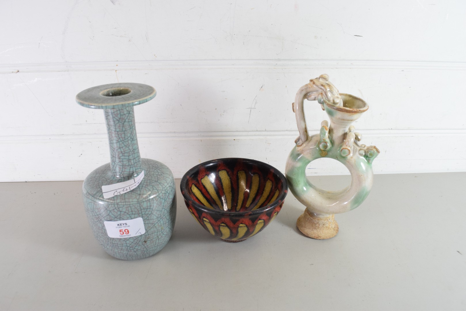 CHINESE CRACKLE GLAZED STEM VASE TOGETHER WITH A FURTHER STUDIO POTTERY BOWL AND A FURTHER PUZZLE